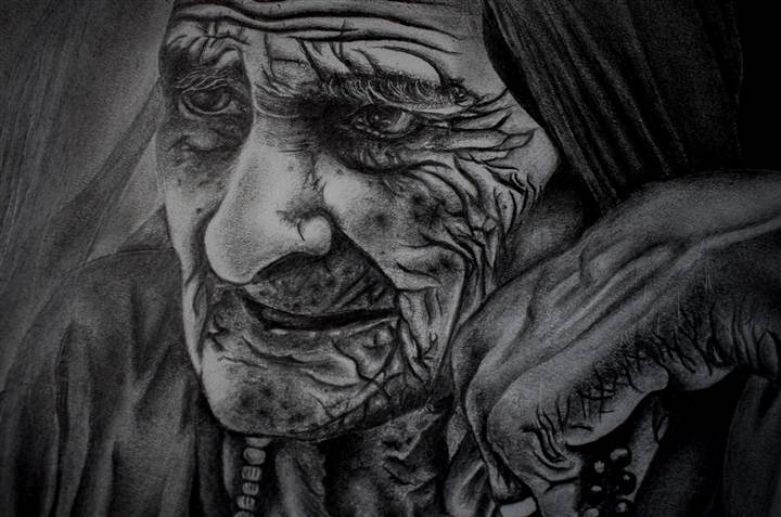 Black-and-white pencil portrait study of expressive faces