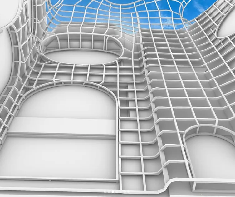 Atrium digital facade study model with organic openings