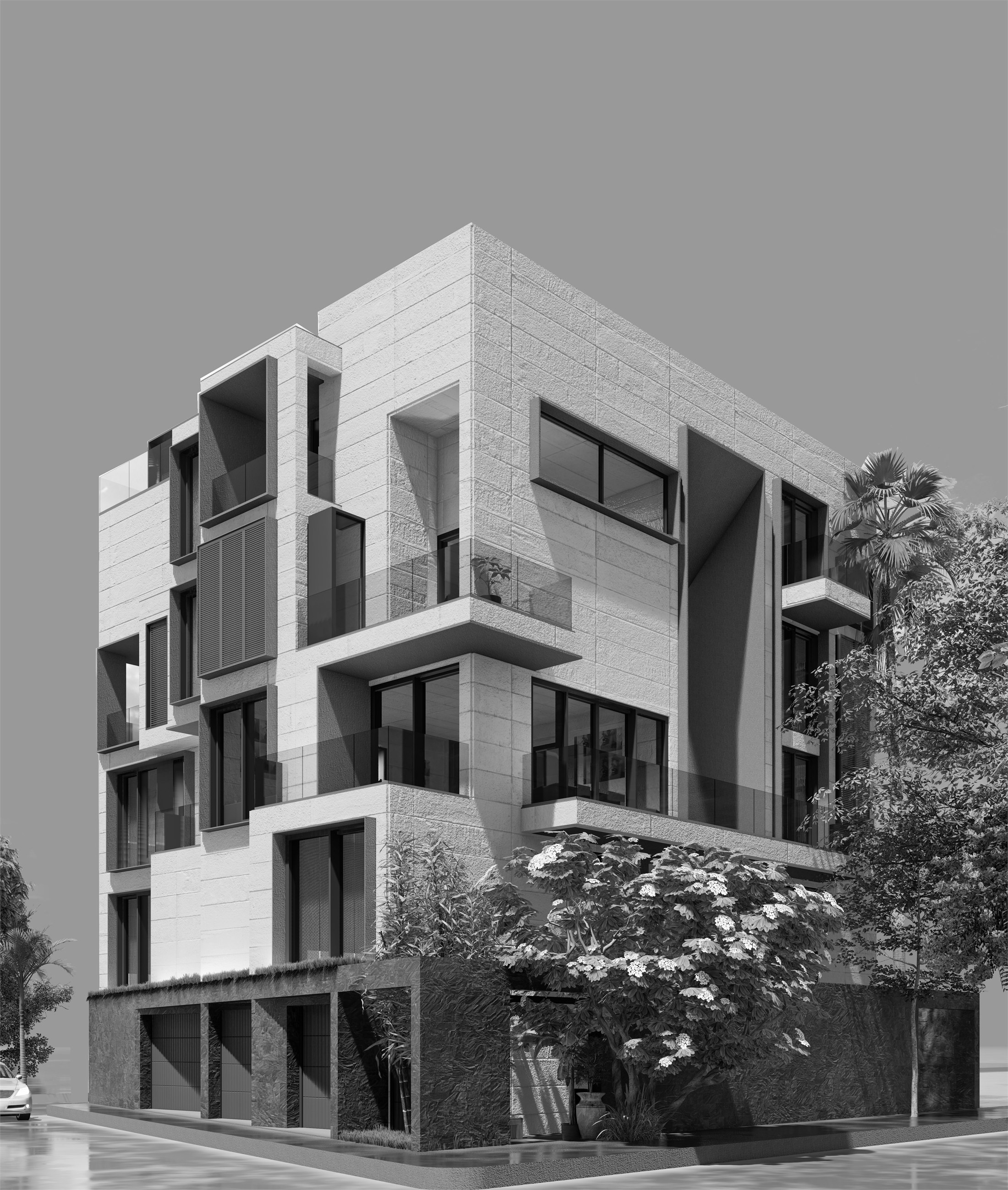 Black and white exterior rendering of Bakhru Residence
