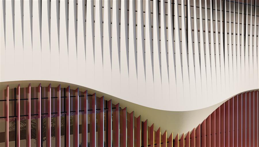 Architectural facade with flowing white forms and red vertical fins