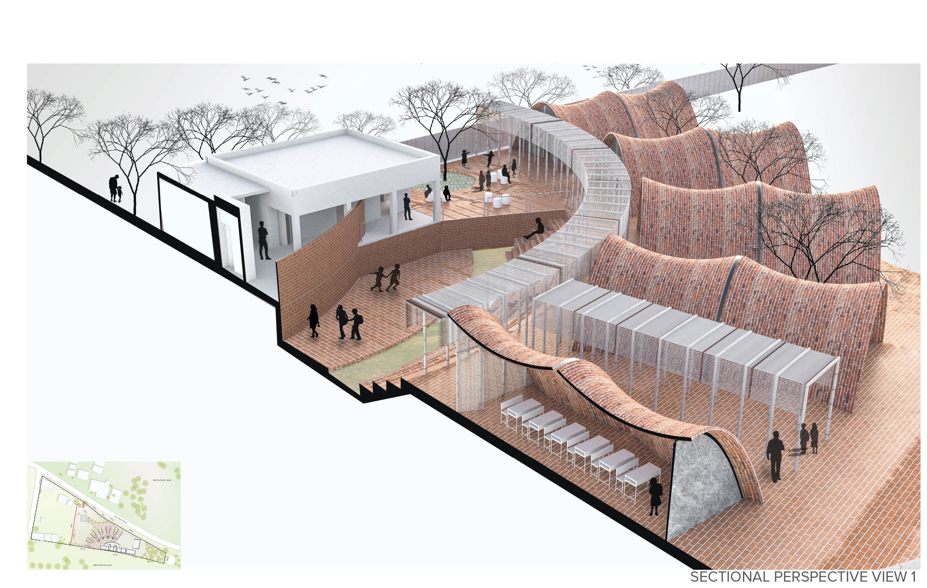 GHPS sectional perspective presentation board with brick classroom forms