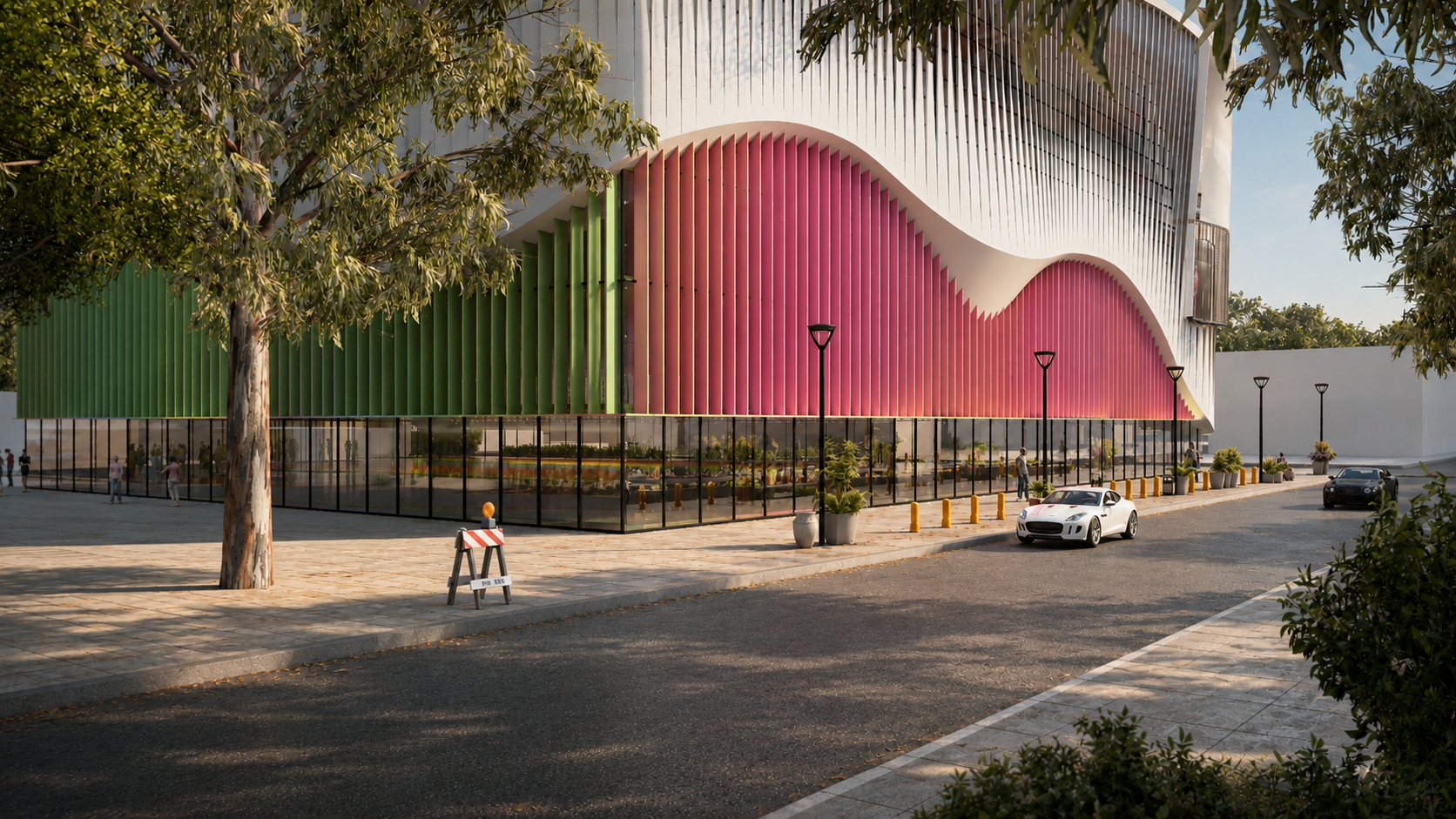 The Mather Square facade retrofit with colorful vertical fins