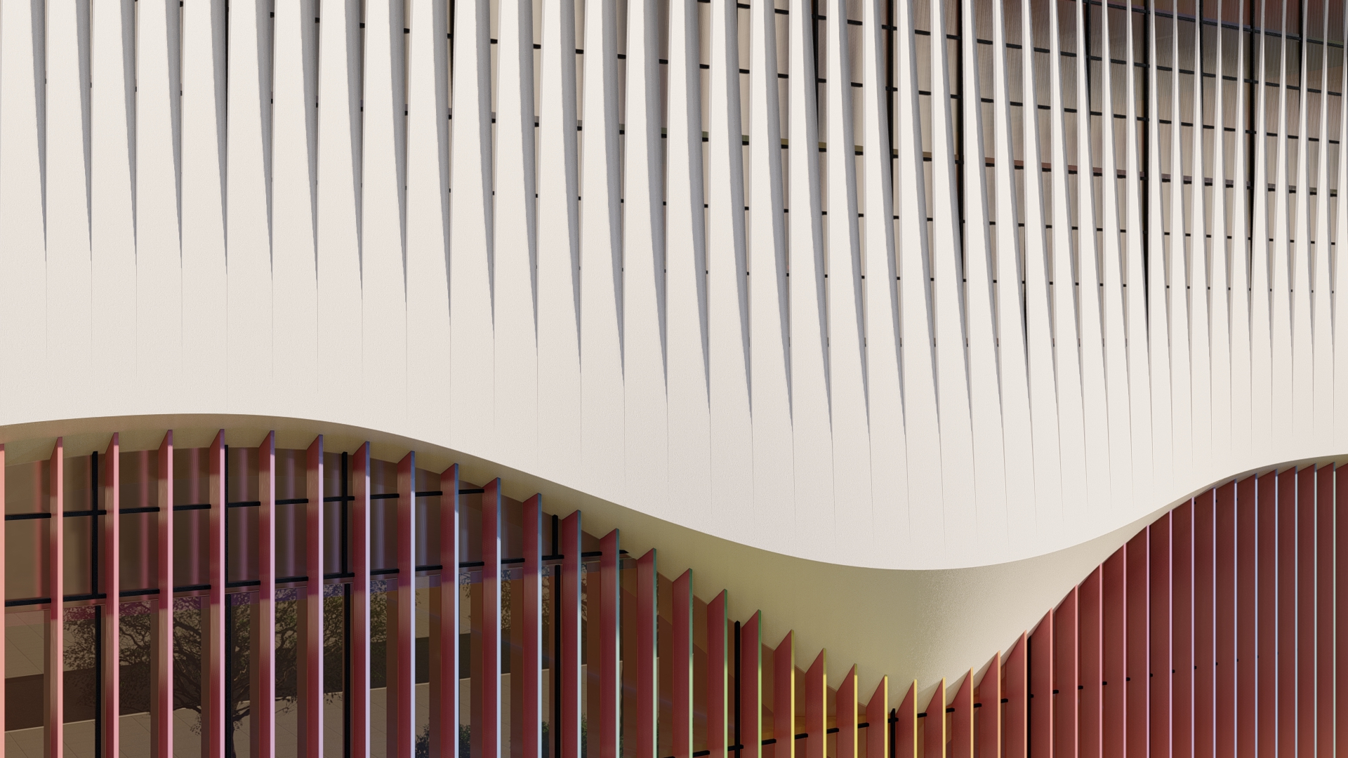 Close-up view of The Mather Square facade fins