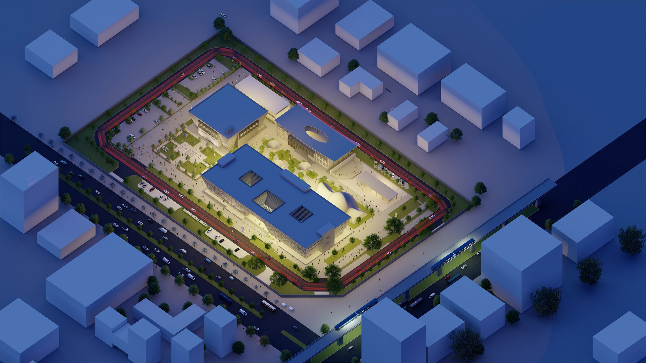 Aerial architectural visualization of MOMA, Kolkata