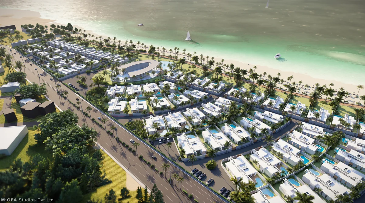 Aerial rendering of Villa Complex by the coast
