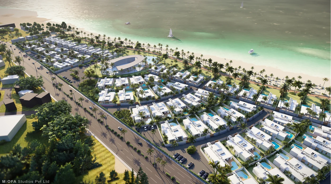 Aerial view of Villa Complex masterplan by the coast